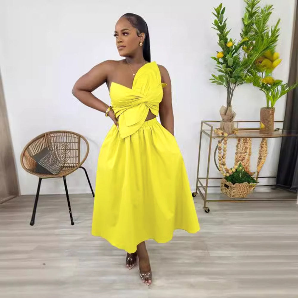 Smocking One Shoulder Petal Hollow Out Dress