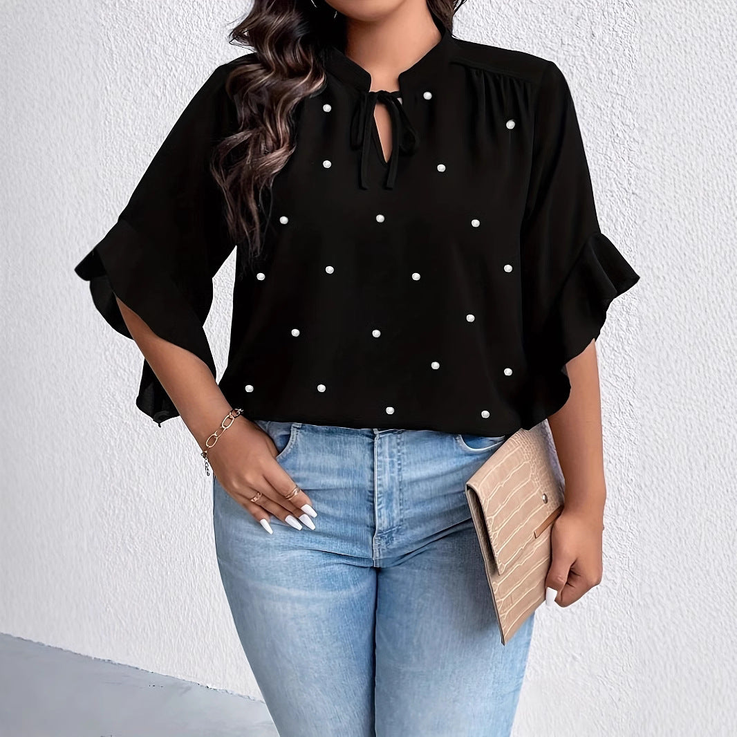 Plus Size Neckline Tie Ruffle Sleeve Faux Pearl Button Shirt