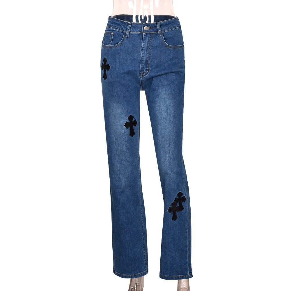Low Waist Denim Embroidered Hollow Personality Stretch Power Tight Pants
