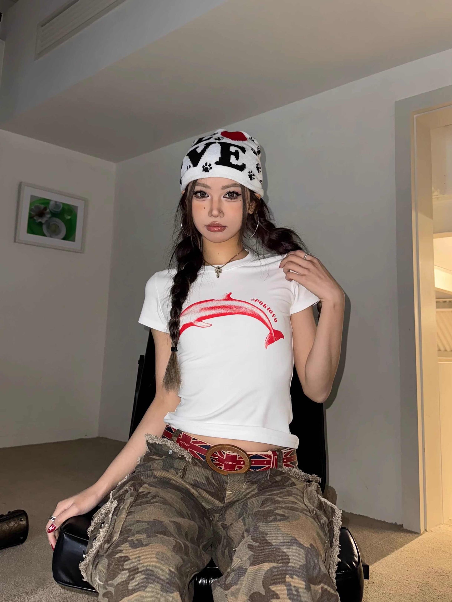 Dolphin Printing Shoulder Short-sleeved T-shirt Slim Fit Skinny Top