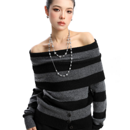 Korean Style Color-blocked Off-shoulder Sweater For Women, Autumn And Winter