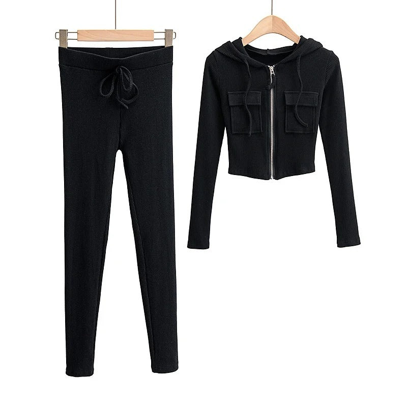 Zip Pocket Hooded Top Stretch Pants Knit Suit