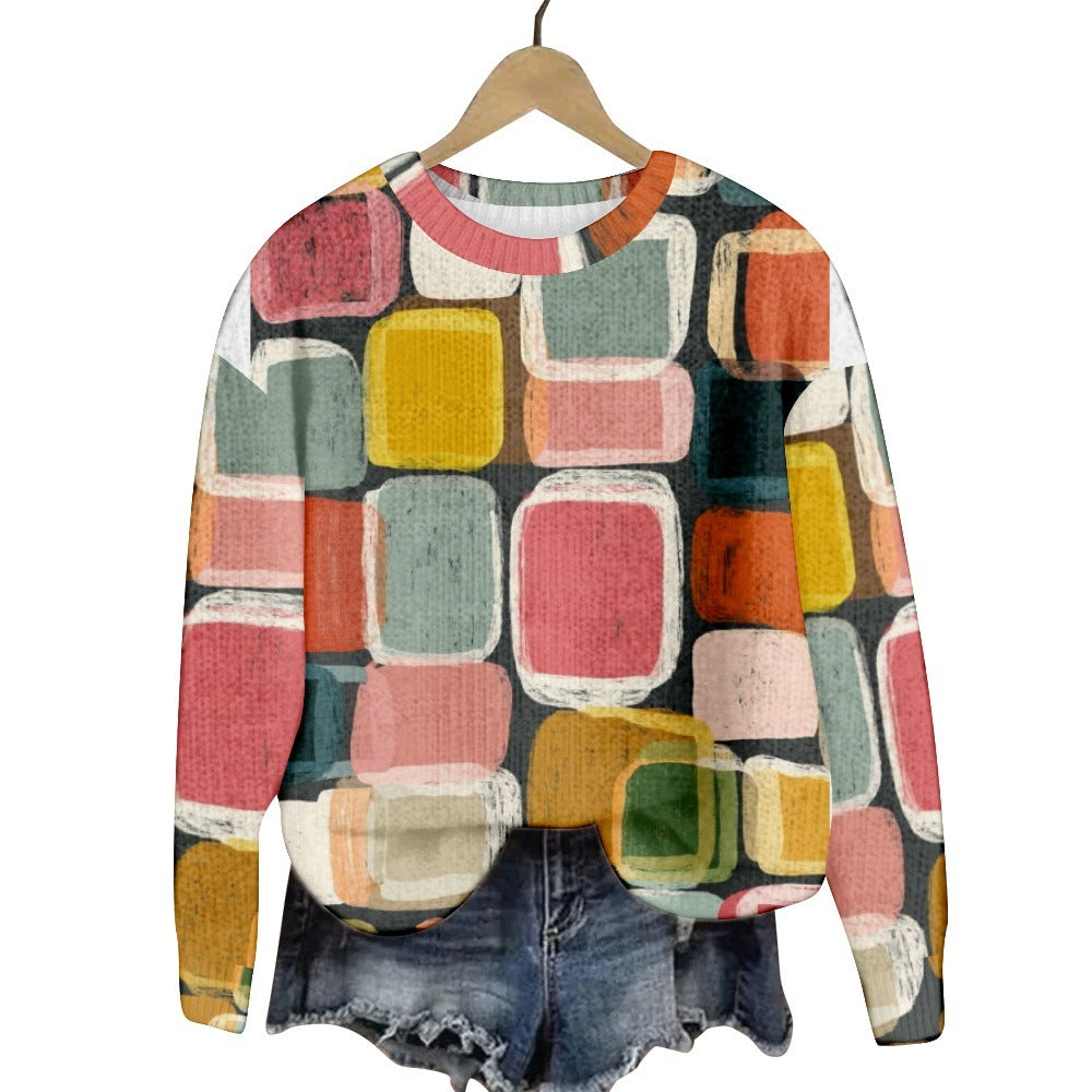 Geometric Color Matching Pattern Elements 3D Printed Casual Women's Round Neck Sweater