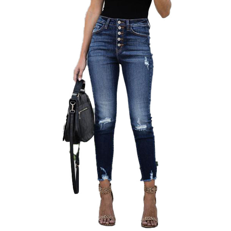 Casual ripped elastic slim-fit pants