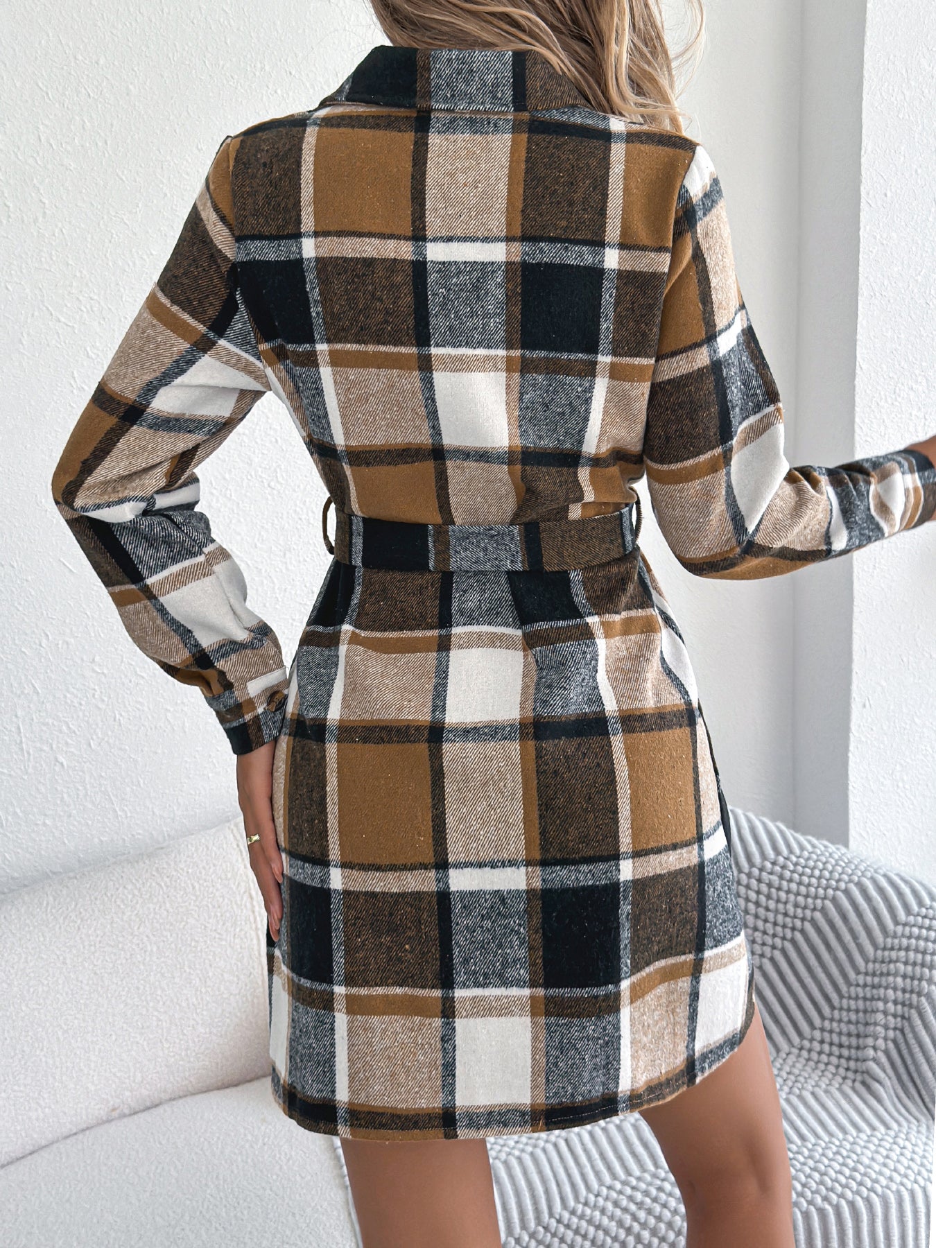 Women's Casual Color-Blocked Plaid Fake Pocket Long Sleeve Tie-Waist Tweed Shirt Dress