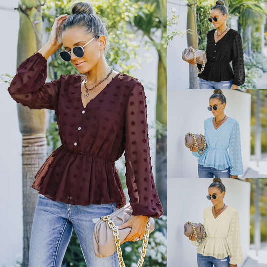 European And American Women's Summer V-neck Long-sleeved Chiffon Shirt