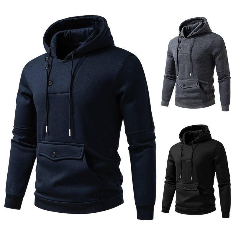Diagonal Buckle Placket Design Casual Hooded Large Pocket Sweatshirt