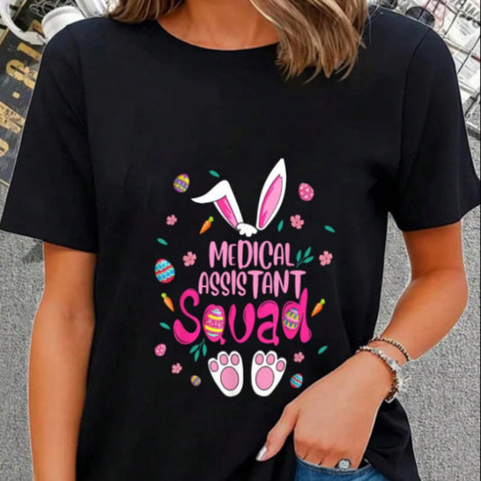 Happy Easter Rabbit Printed Women's Round Neck Short Sleeve T-shirt