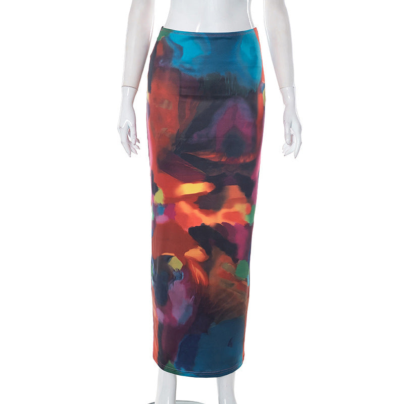 Casual Painted Print Cropped Sheath Skirt