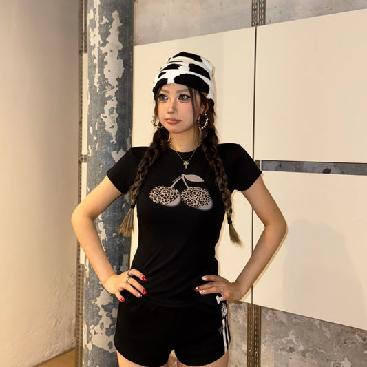 Female Leopard Print Cherry Camouflage Print Casual Short Sleeved Shirt