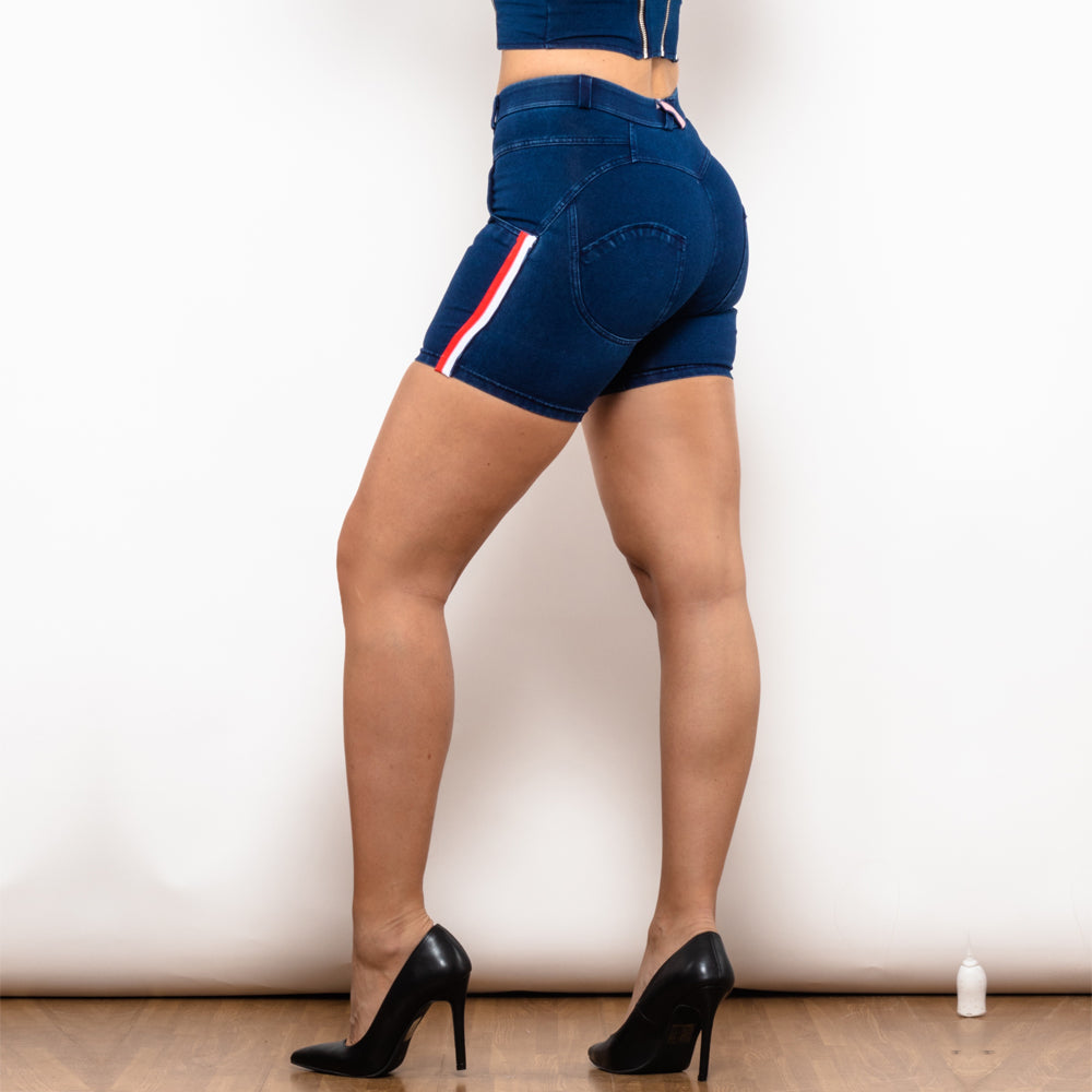 Shascullfites Melody Middle Waist Dark Blue Lift Jeggings Shorts With Stripe
