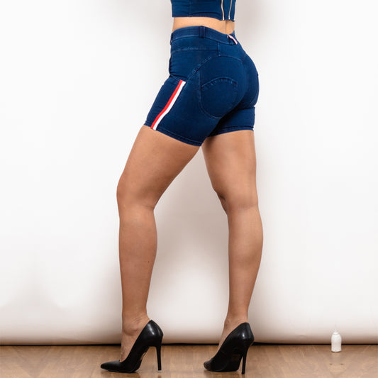 Shascullfites Melody Middle Waist Dark Blue Lift Jeggings Shorts With Stripe