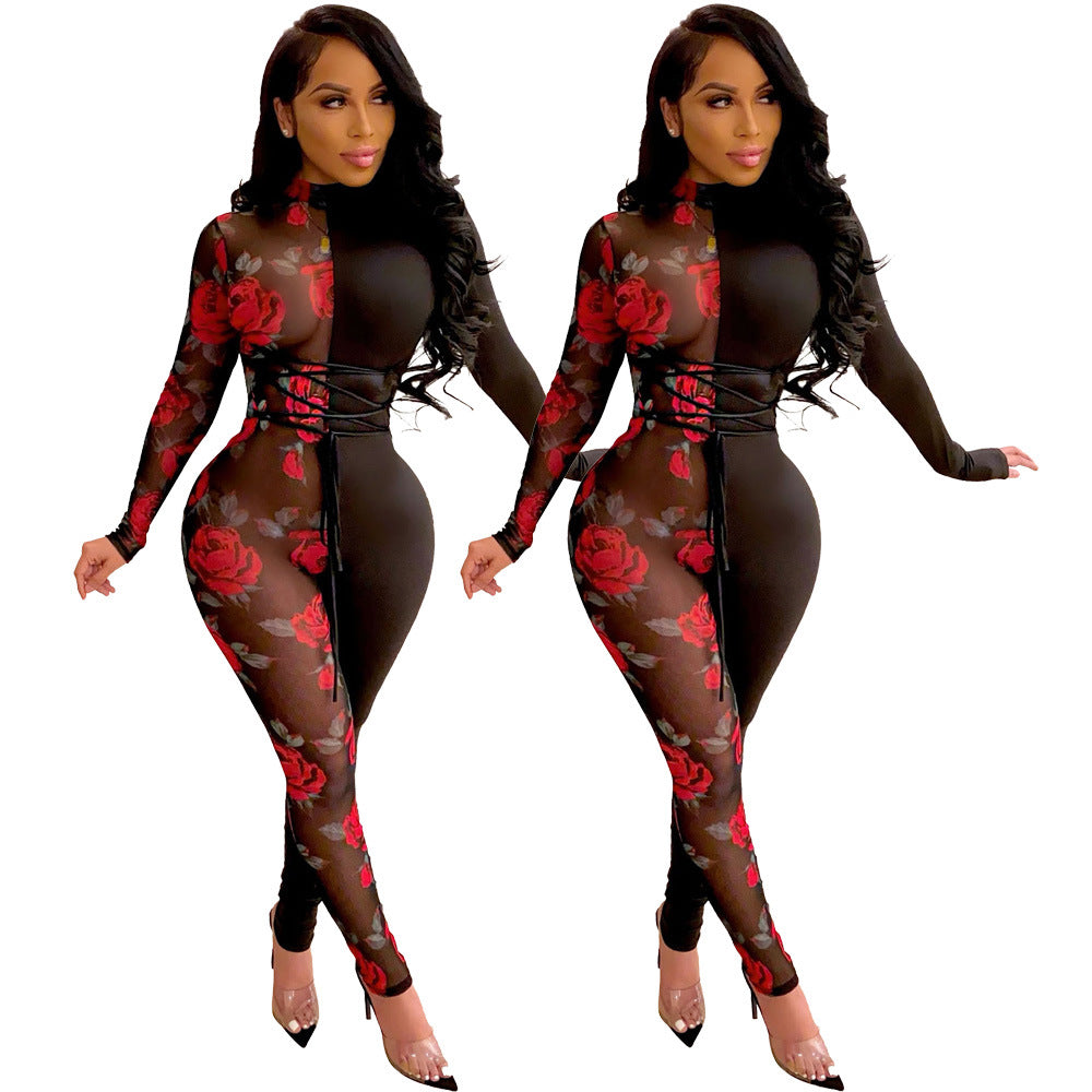 Round Neck One Piece Sexy Slim Fit Long Sleeved Stitching Printed Jumpsuit