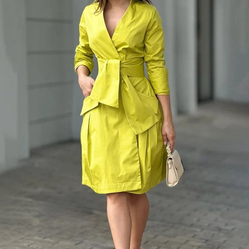 Commuter V-neck Lace-up Pocket Business Suit And Dress