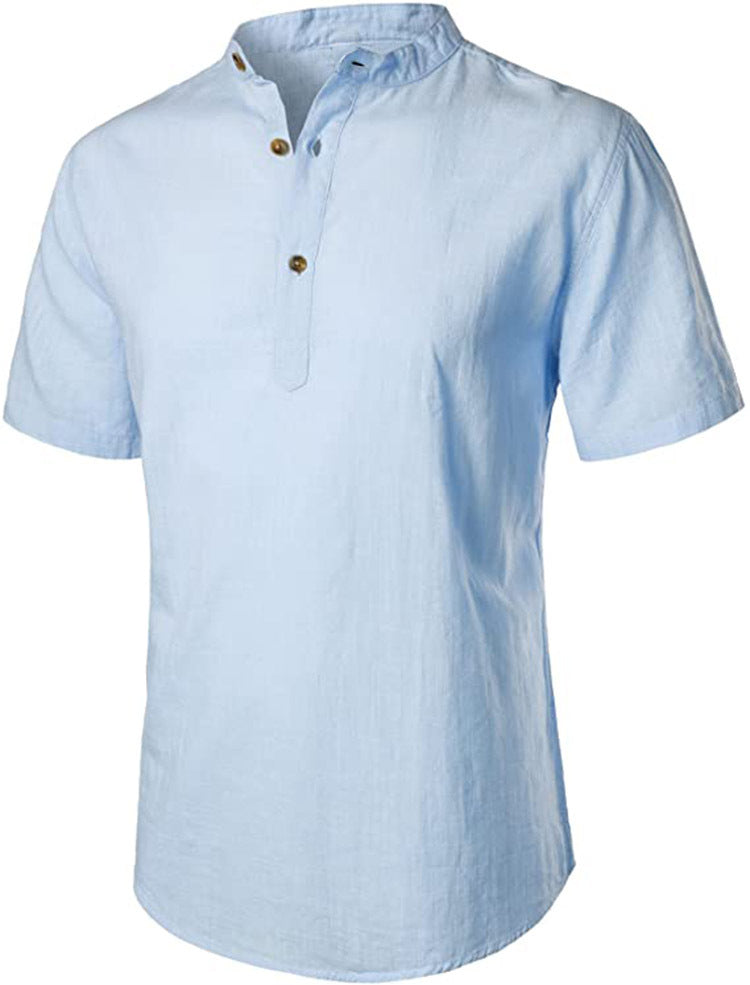 New Summer Cotton And Linen Comfort And Casual Slim Stand Collar Short Sleeve Shirt