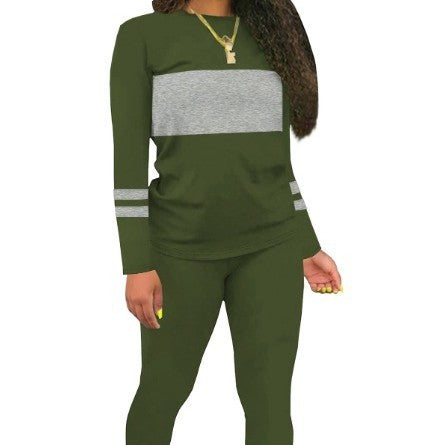 Color Matching Round Neck Long Sleeve Top With Tight Trousers Suit Two-piece Set