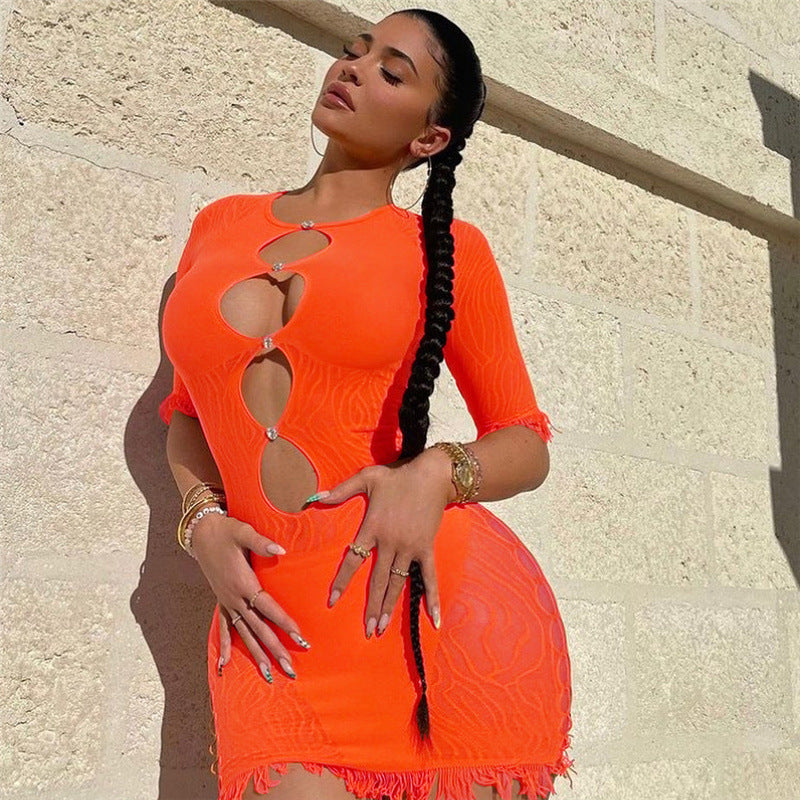 Hollow Hot Drilling See-through Mesh Slim Fit Dress