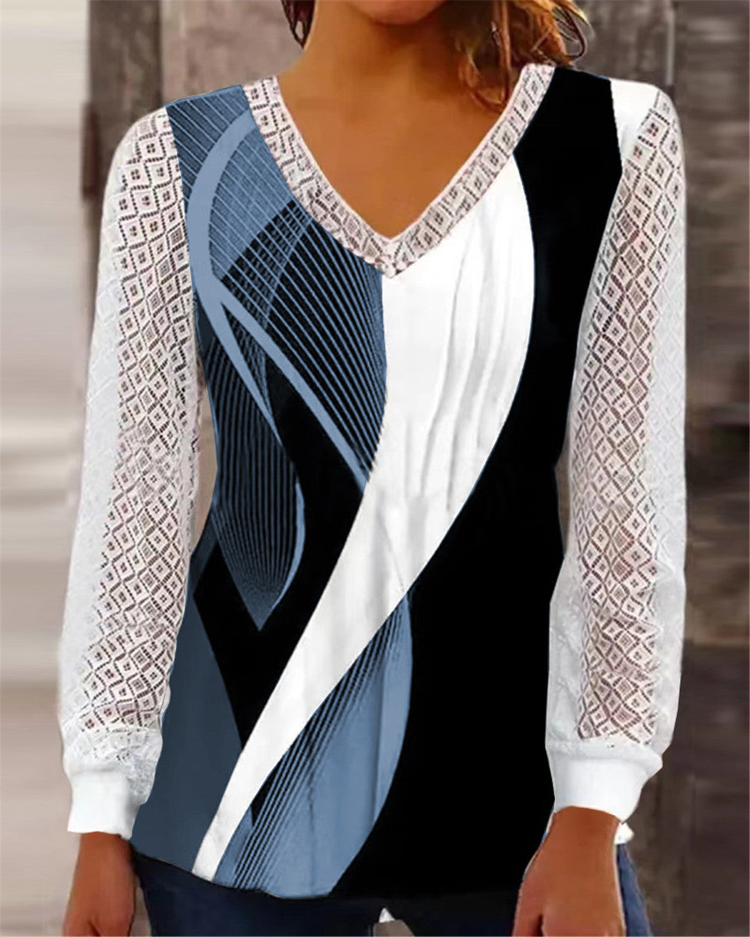 V-neck Loose Print Hollow-out Lace Tops