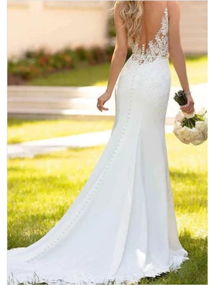 European And American Double Shoulder Lace Slim And Simple Trailing Long Skirt