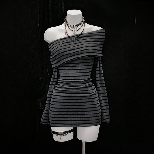 Women's Striped Off-Shoulder Bodycon Dress, Long Sleeve Sexy Mini Dress