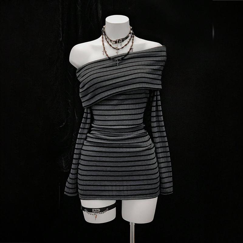 Women's Striped Off-Shoulder Bodycon Dress, Long Sleeve Sexy Mini Dress