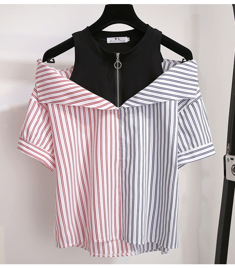 Stitching striped short-sleeved shirt fake two-piece off-shoulder blouse women's two-piece jeans
