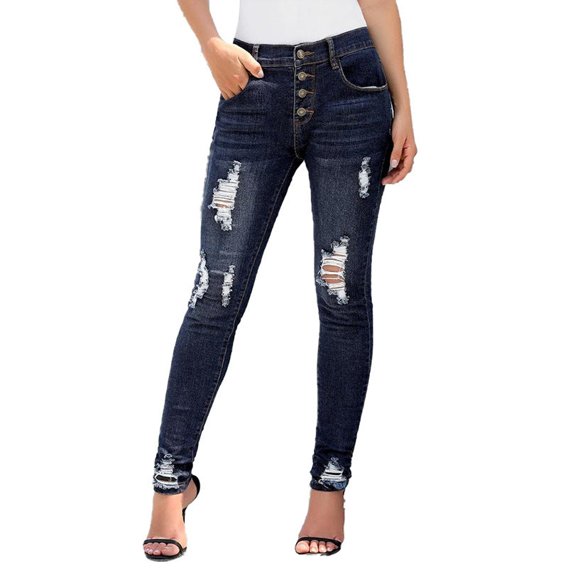 Casual ripped elastic slim-fit pants