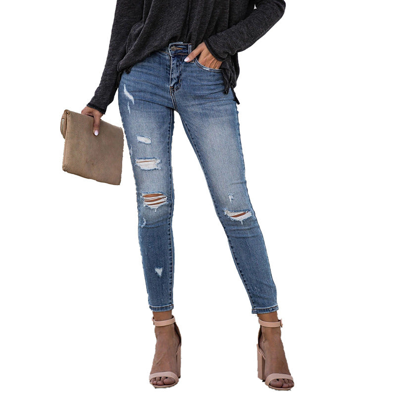 Casual ripped elastic slim-fit pants