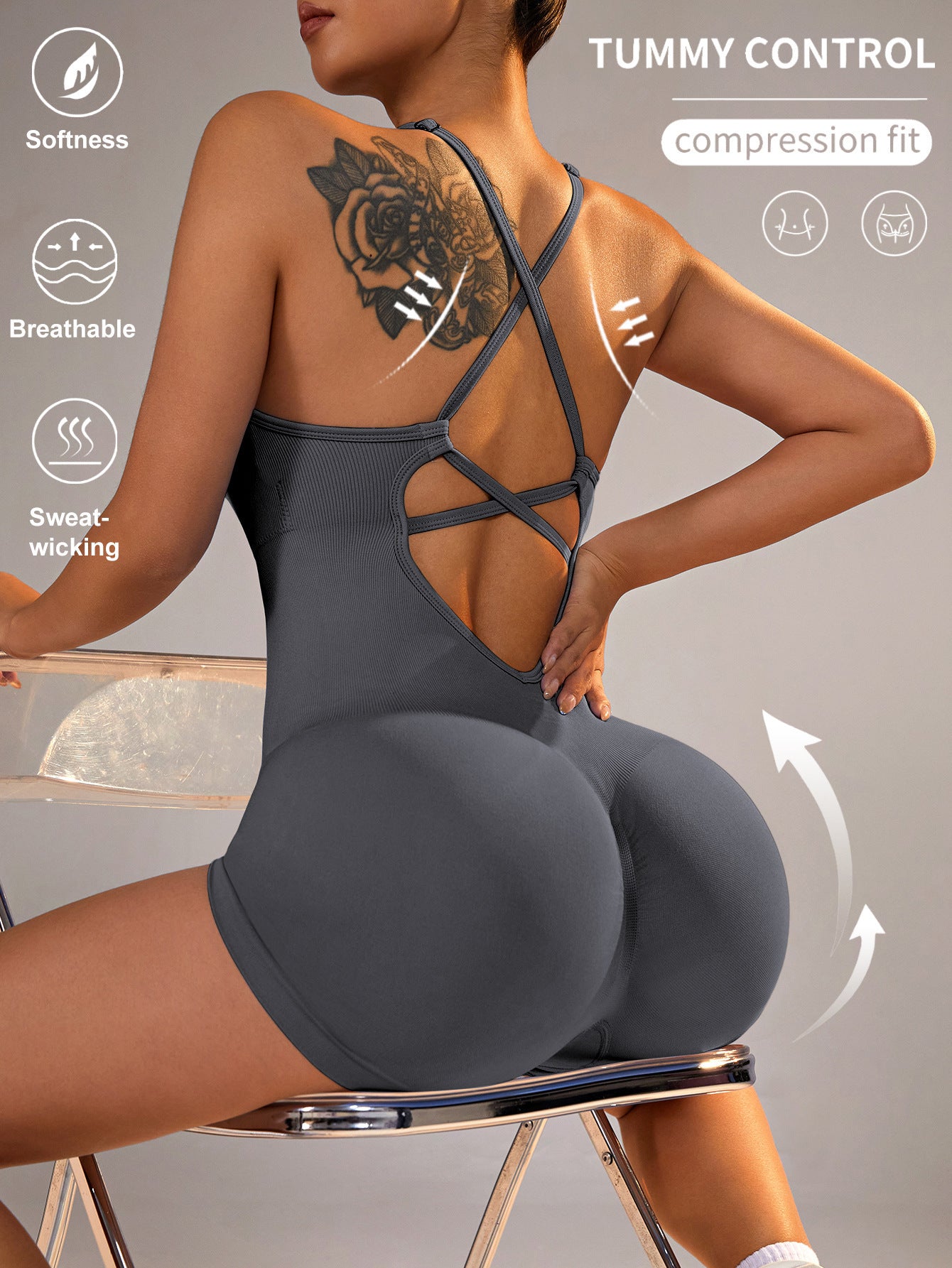 Seamless Sports Jumpsuit With Cross Exposed Back, Quick Drying, Sexy Suspender, Fitness Outerwear, Yoga Suit