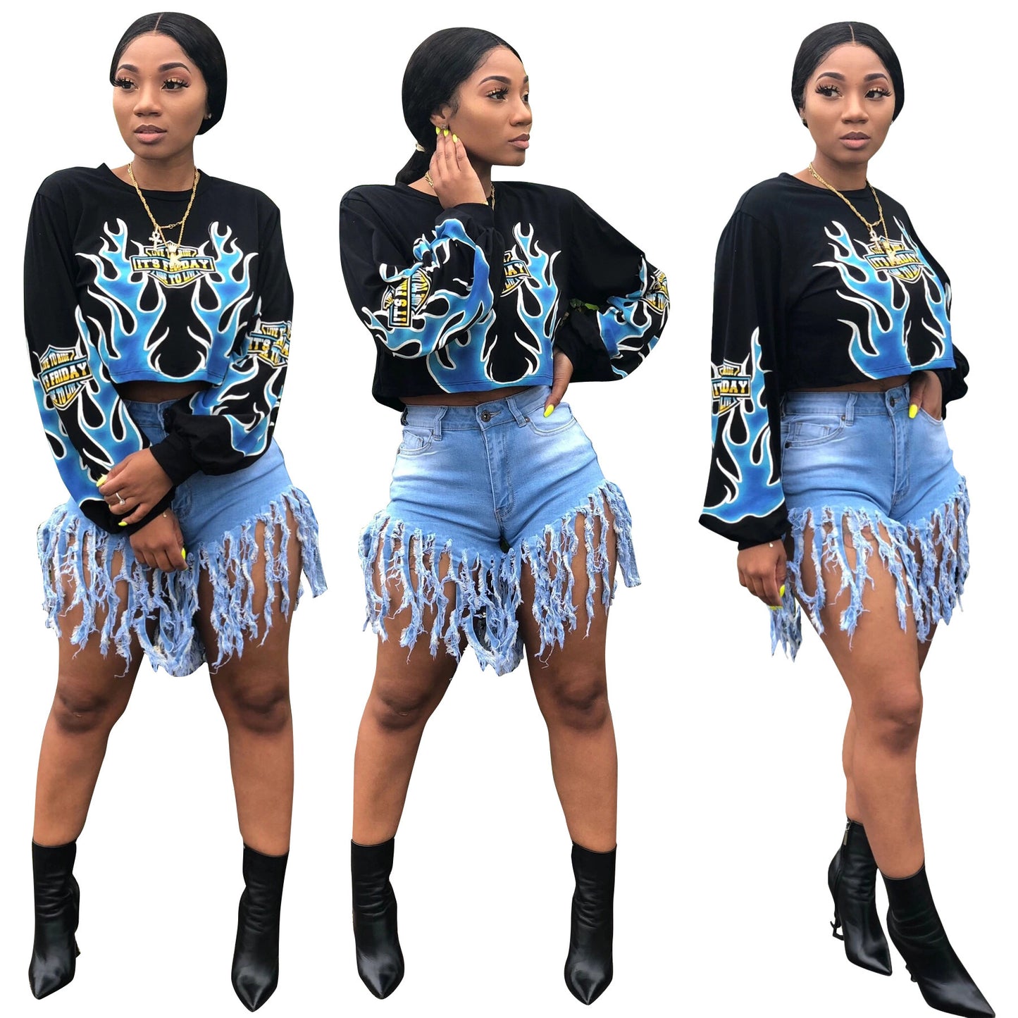 Women's Flame Positioning Printed Long-sleeved Sweater