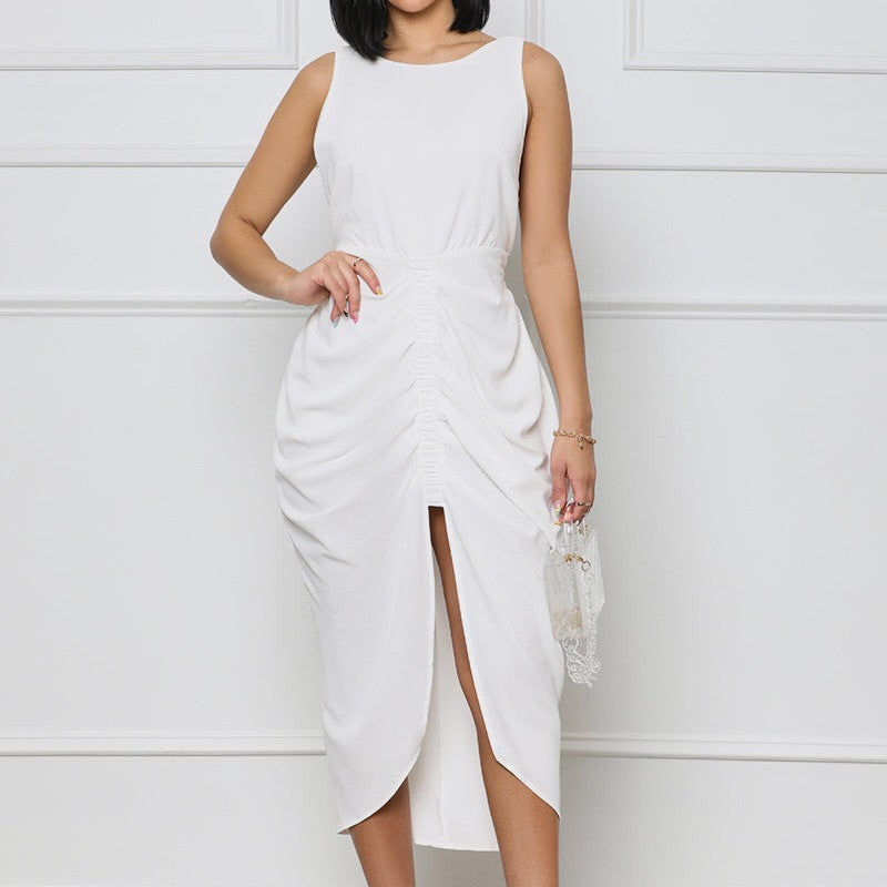 Pleating Temperament Waist-controlled Split Dress
