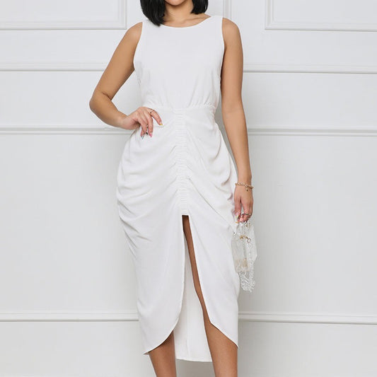Pleating Temperament Waist-controlled Split Dress