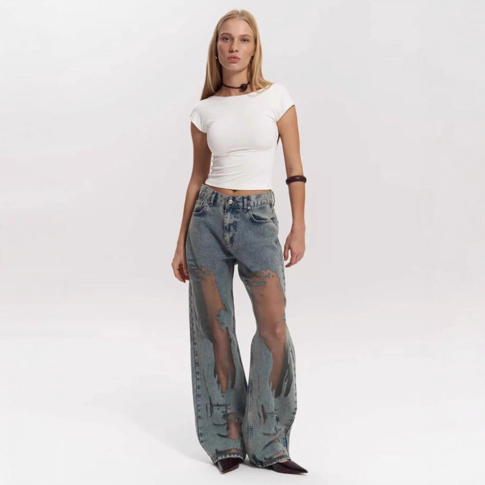 Retro Straight-leg Pants Hollow Texture Niche Design Jeans Y2g Wide Leg Trousers