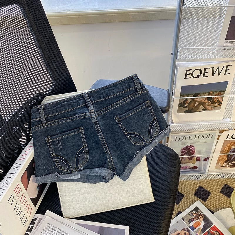 Low Waist Curling Washed Denim Super Short Shorts