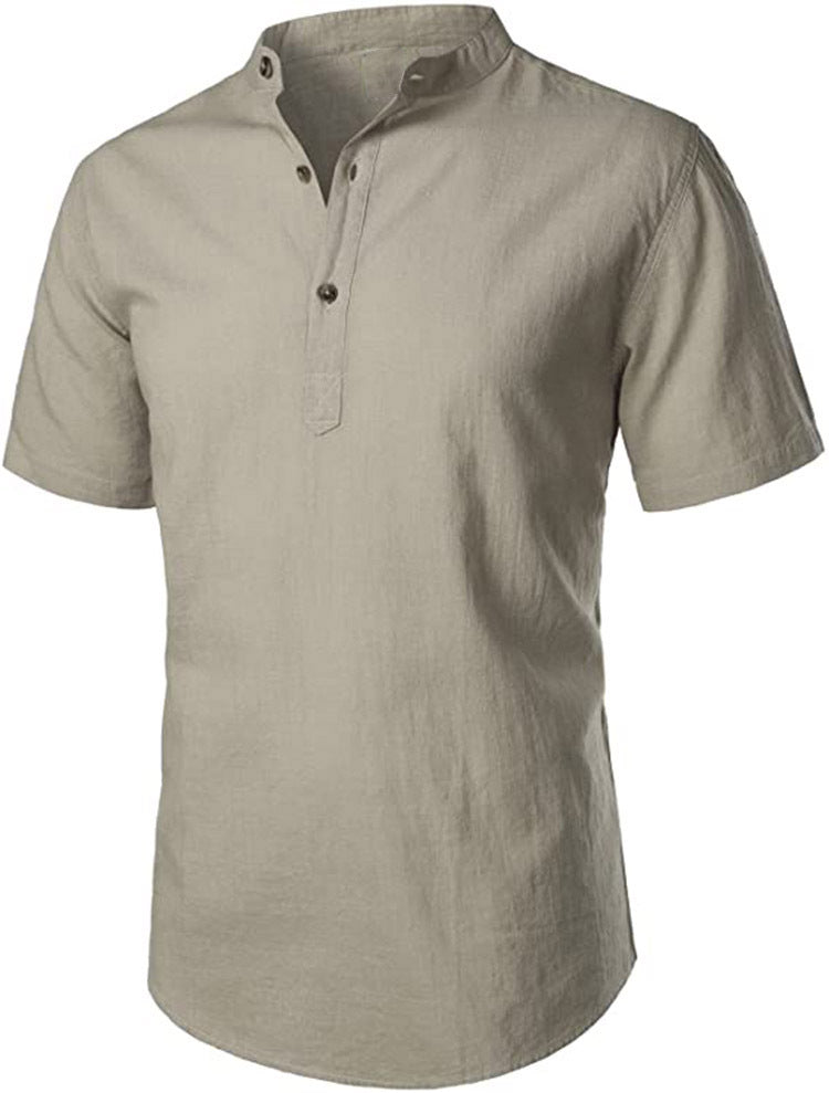 New Summer Cotton And Linen Comfort And Casual Slim Stand Collar Short Sleeve Shirt