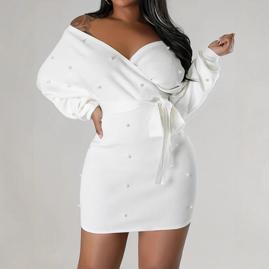 Beaded Bodycon Dress Casual Long-sleeve Solid-color Off-shoulder Dress Women's Apparel