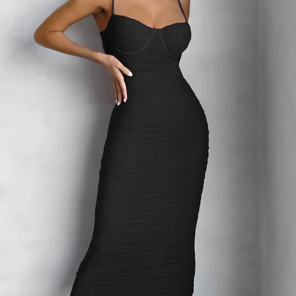Women's Mesh Tight Pleated Bandage One-piece Dress