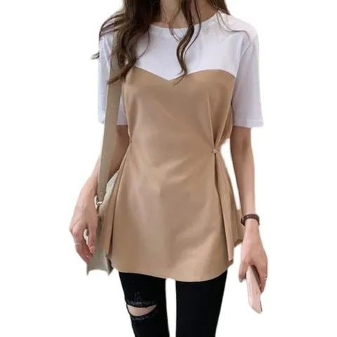 All-matching Graceful Fake Two-piece Mid-length Short-sleeved T-shirt