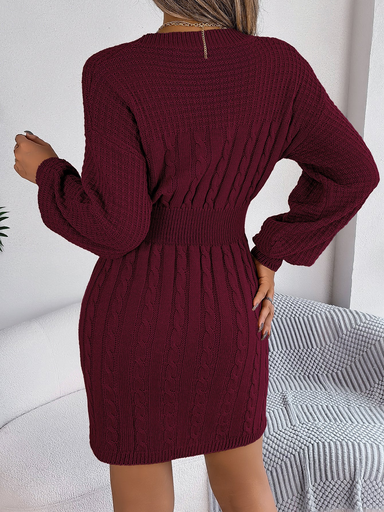 Solid Color Cable Knit Hollow Out Lantern Sleeve Bodycon Sweater Dress