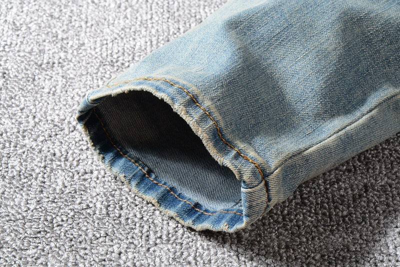 Men's Pleated Color Block Jeans Youth Slim-Fit Pants