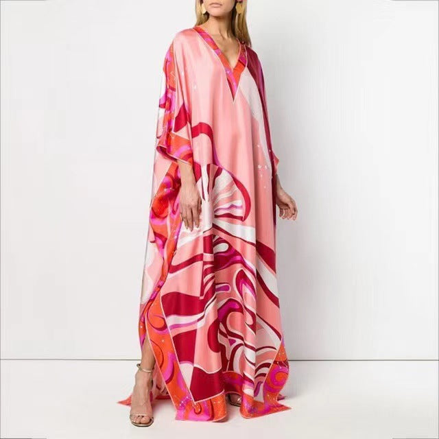 Summer New Style Loose Print V-Neck Long Skirt Holiday Style Dress