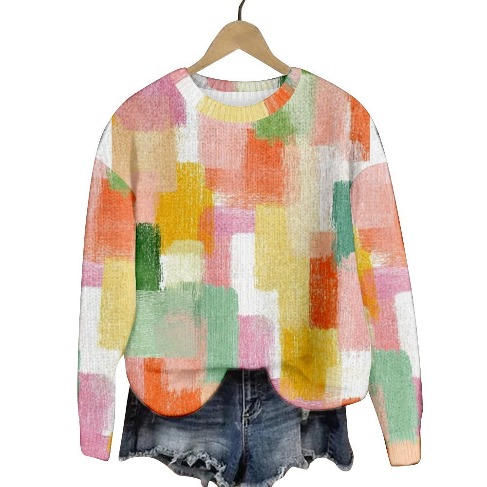 Geometric Color Matching Pattern Elements 3D Printed Casual Women's Round Neck Sweater