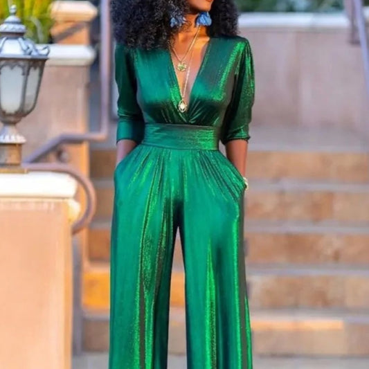 Solid Color High Waisted V-neck Jumpsuit