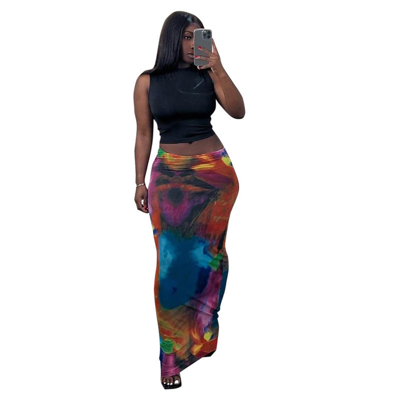 Casual Painted Print Cropped Sheath Skirt