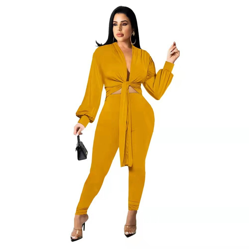 New Solid Color Tie Long Sleeve Women's Two-piece Set
