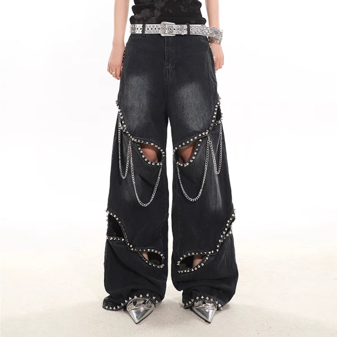 Heavy Industry Metal Rivet Chain Hollow-out Design Jeans
