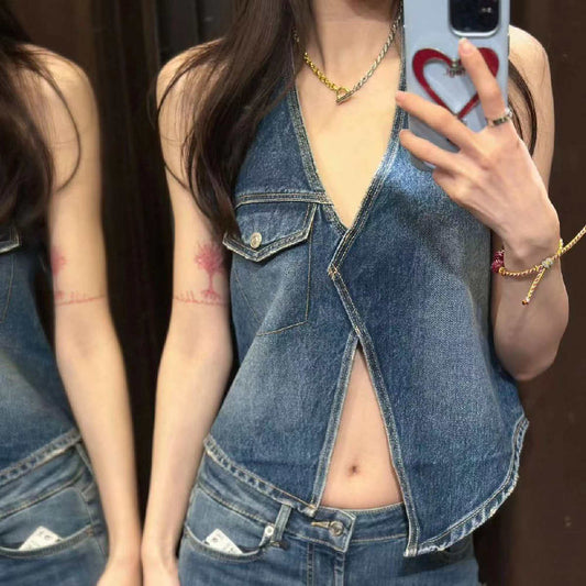 Women's Collar Denim Top Mid Waist