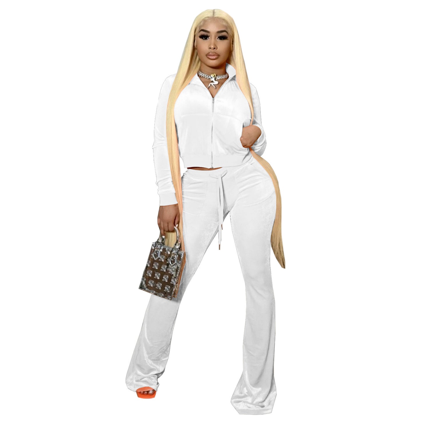 Fashion Ladies Solid Color Cropped Flared Pants Suit