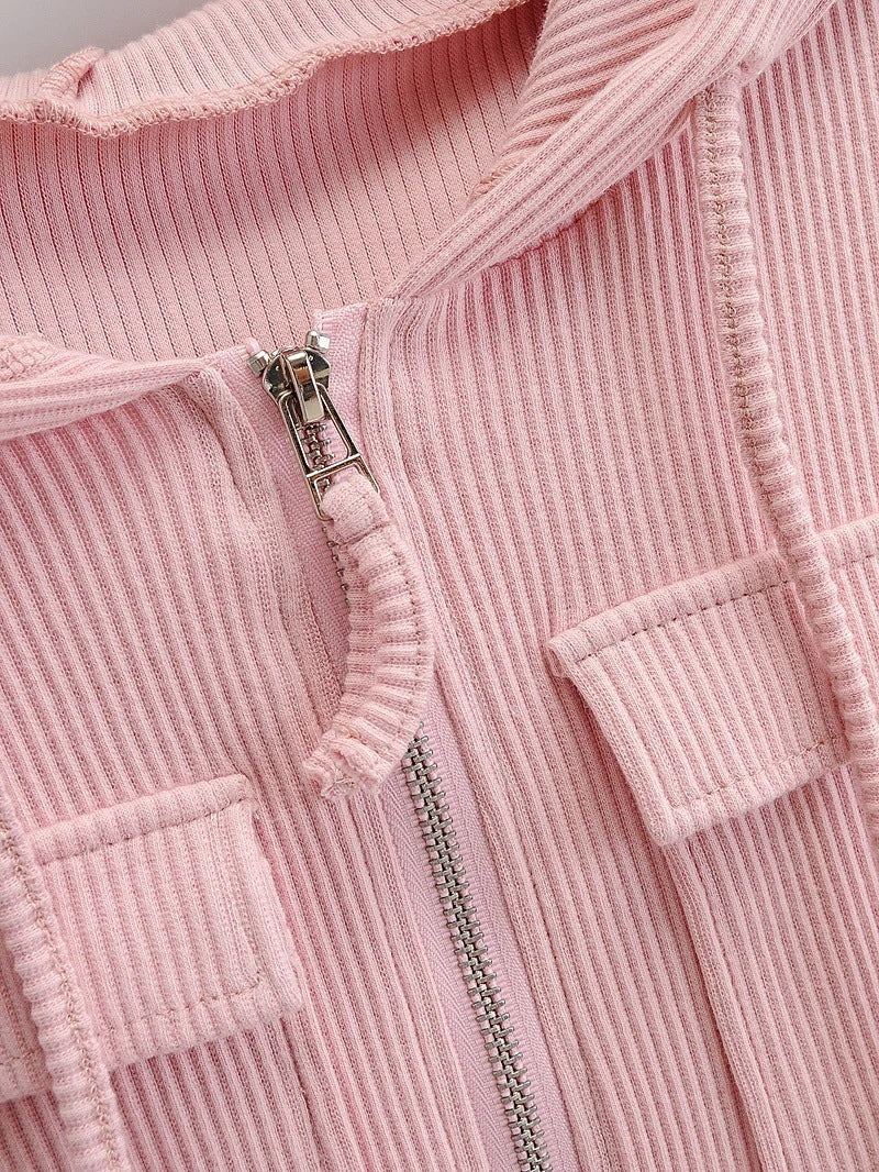 Zip Pocket Hooded Top Stretch Pants Knit Suit