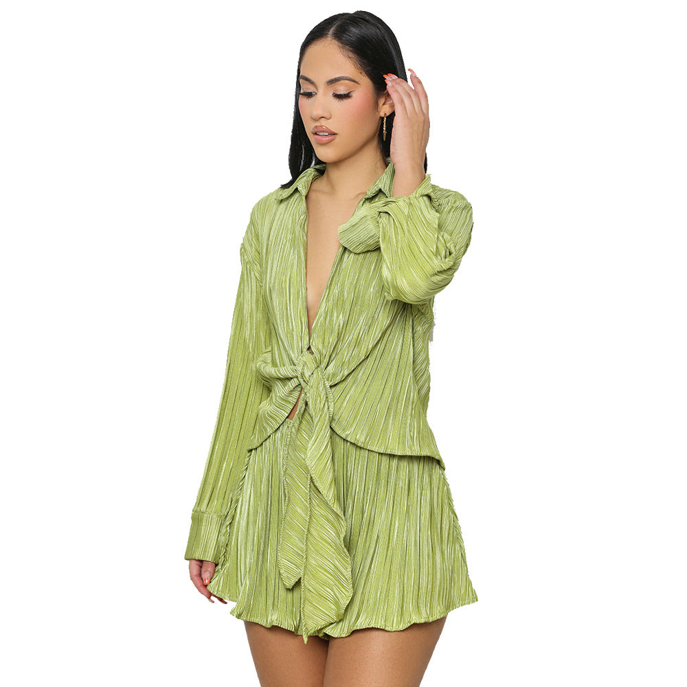 Two Piece Outfits For Women Vacation Pleated Button Down Shirt Shorts Sexy 2 Piece Set Casual Y2K  Shirt